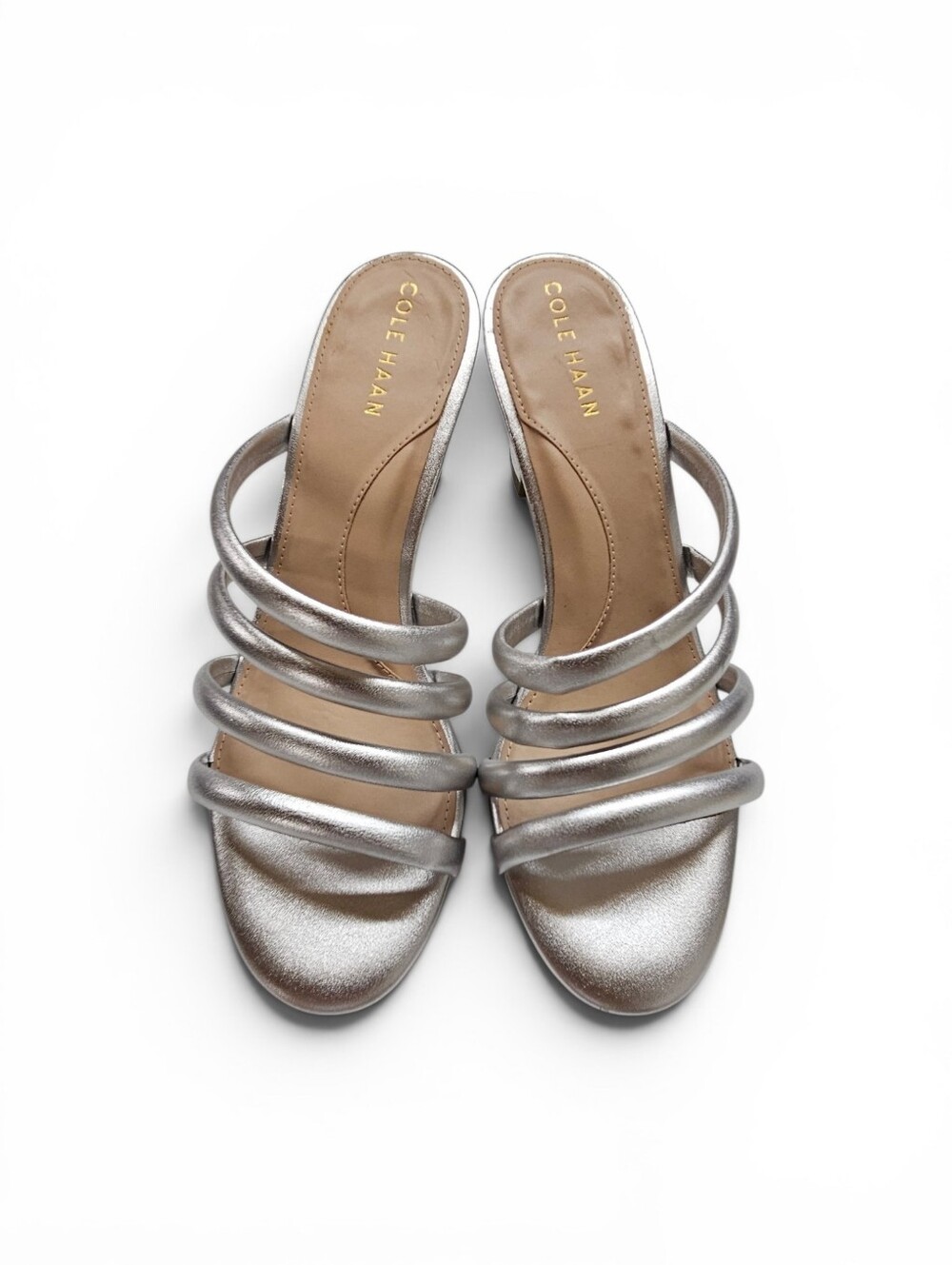 Cole Haan Adella Metallic Silver Padded Strap Slide Heels In Silver Size 8